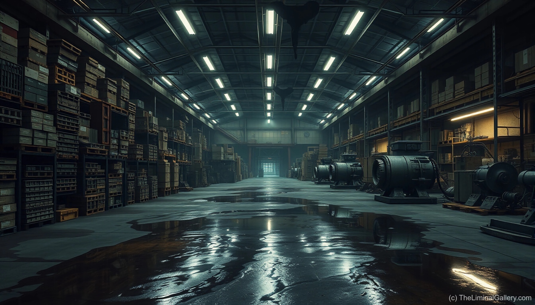 An expansive and empty storage area in Level 20, Warehouse, creating a chilling industrial liminal atmosphere.